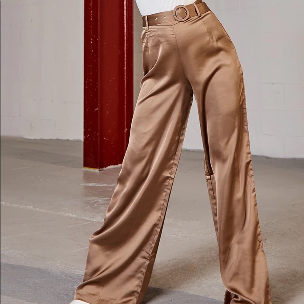 Satin belt wide leg pants